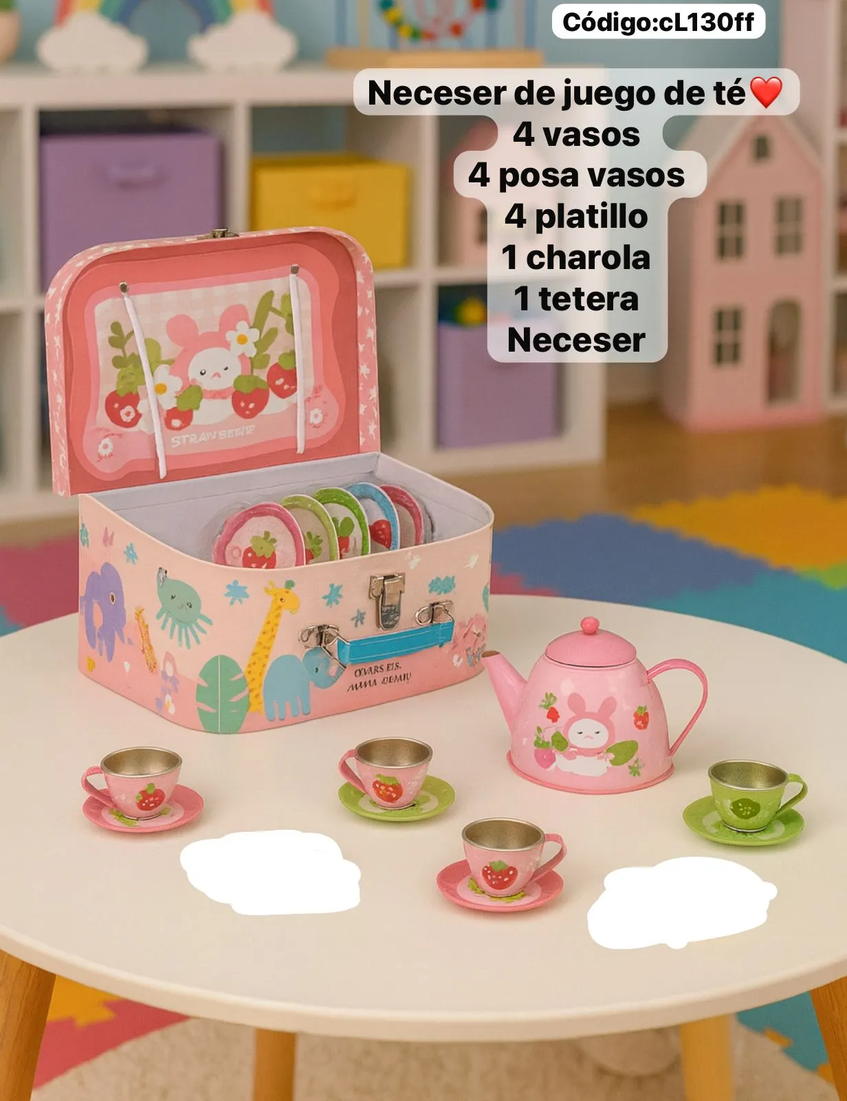 Neceser Juego de Té Infantil de Aluminio — Decorado OSITO🙈⭐. - Imagen 4