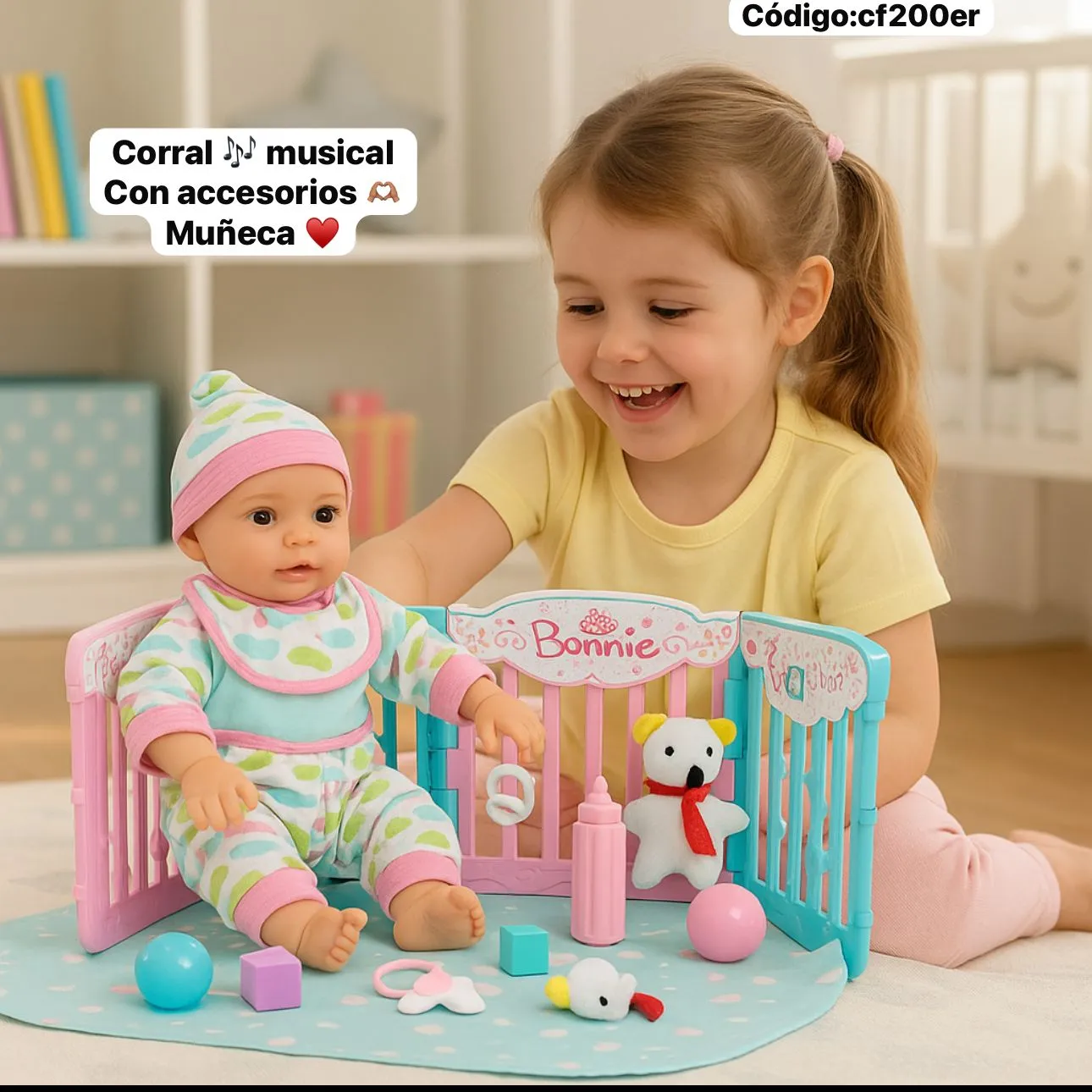 Muñeca Bonnie con Corral Musical y Accesorios🍶⭐.