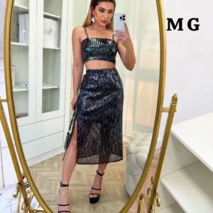 Bello Conjunto con Falda Larga de lentejuelas⭐.👍