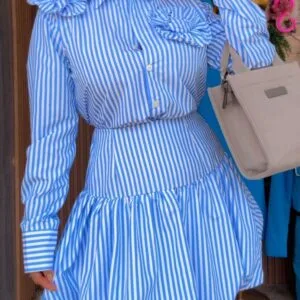 Hermoso Conjunto a Rayas Short Falda y Camisa Manga Larga💖.👍