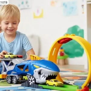 Auto Tiburón con Pista Loop y 4 Mini Autos Metálicos🦈⭐.