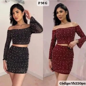 Hermoso Conjunto Con Perlas Blusa Manga Larga con Falda🥰👍